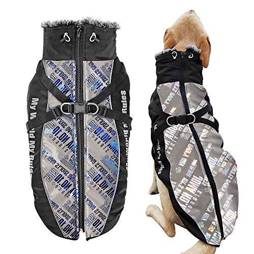 reflective silver and black fluffy dog coat