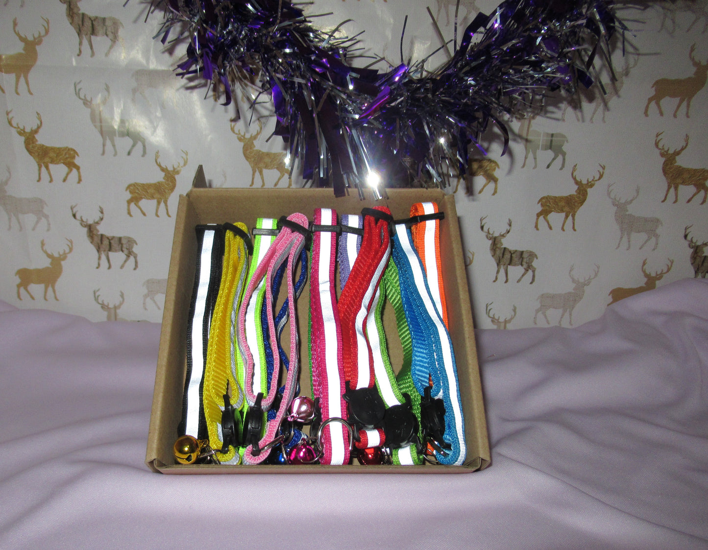 Box of 12 high visibility cat collars in multiple colours