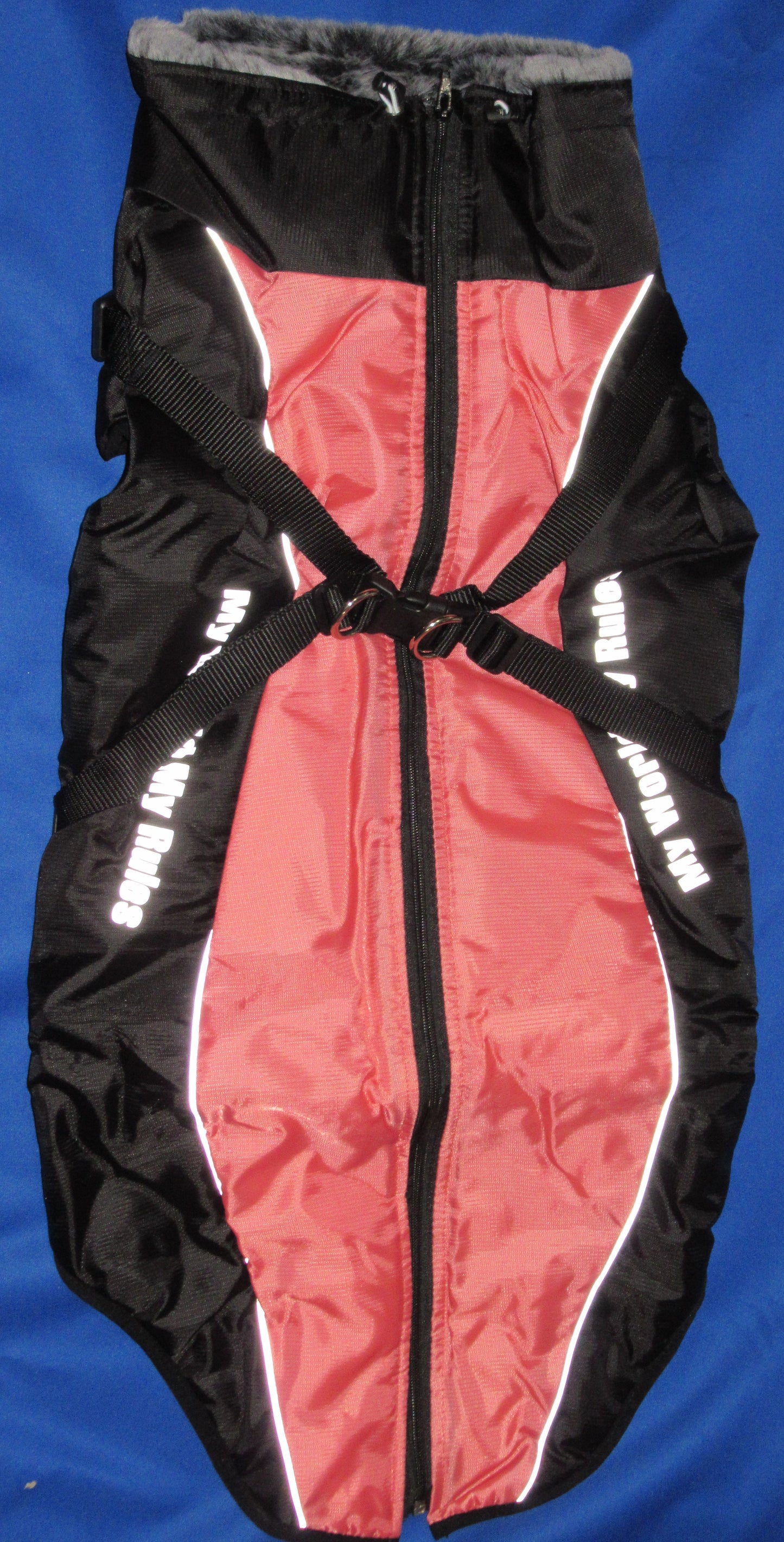 Red and black reflective padded dog coat.